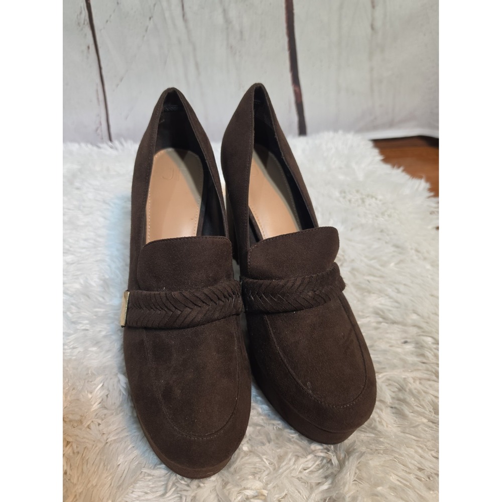 Just Fab JF Brown Suede Adele Braided Slip On Heeled Loafers Pump Sandals SZ 10